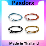 S925 Silver & Leather Double Bracelet in Tan and Orange