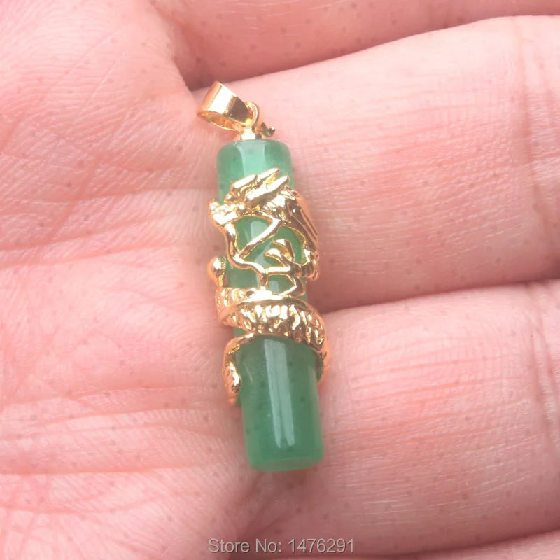 Green Jades Dragon Pendant, Exotic Cylinder Column Bead Inlaid, 1PCS
