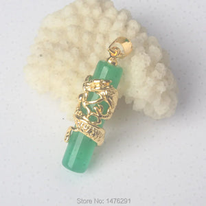 Green Jades Dragon Pendant, Exotic Cylinder Column Bead Inlaid, 1PCS