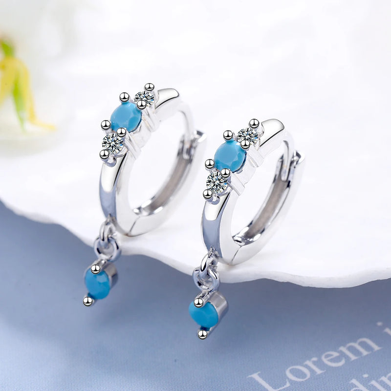 925 Silver Turquoise Crystal Zircon Earrings Woman Charm Jewelry