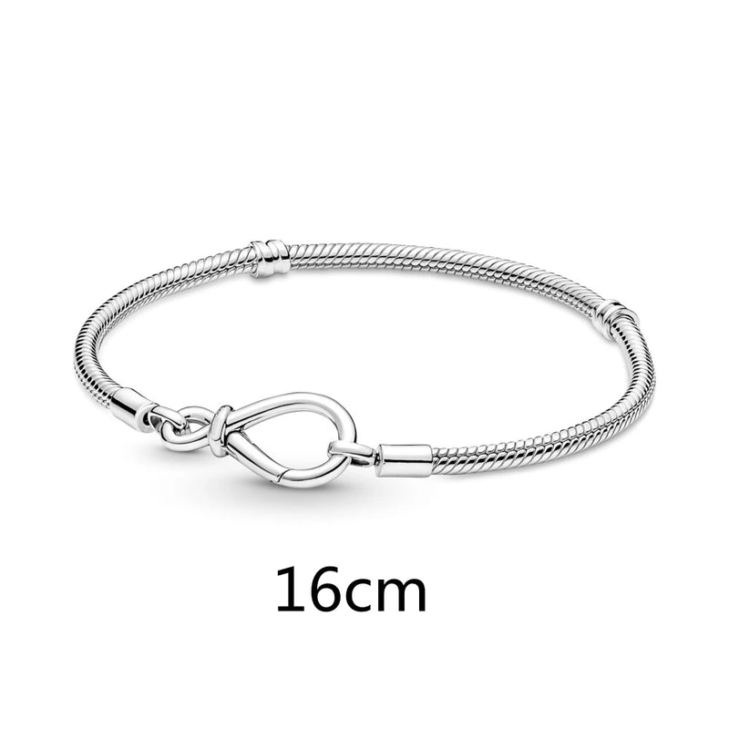 925 Silver Infinity Knot Snake Chain Bracelet w/ Infinite Hearts Clasp Bangle
