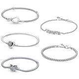 925 Silver Infinity Knot Snake Chain Bracelet w/ Infinite Hearts Clasp Bangle