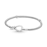 925 Silver Infinity Knot Snake Chain Bracelet w/ Infinite Hearts Clasp Bangle