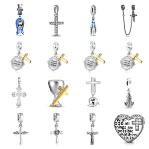925 Silver Jesus Cross Dangle Safety Chain Charm Bead Bracelet DIY