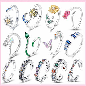 925 Silver Moon Sun Open Ring Zircon Adjustable Snake Ring