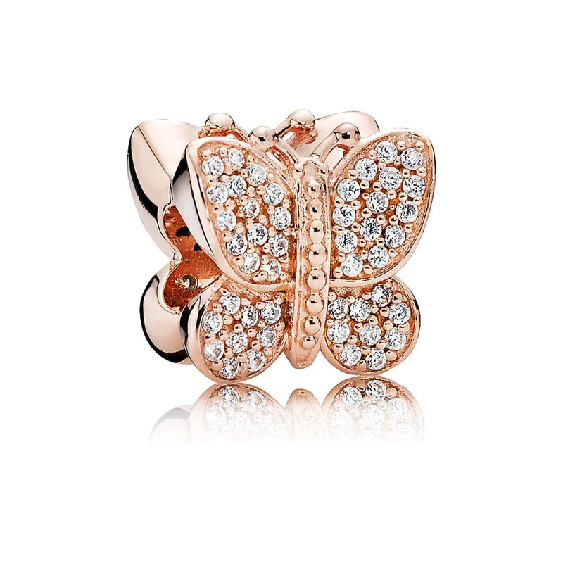 925 Silver Rose Butterfly Charm Beads for Women Jewelry