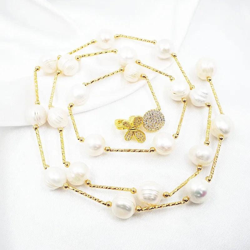Baroque Freshwater Pearl Bead Necklace 18KGP Long Link