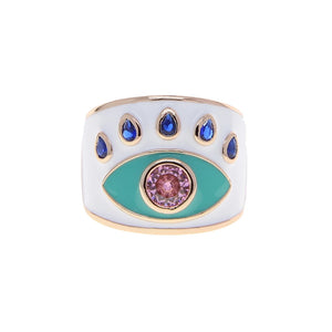 Pink Enamel Evil Eye Women Finger Band Ring Adjustable Size