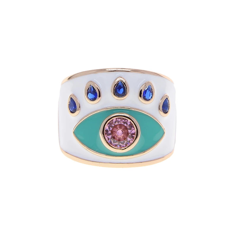 Pink Enamel Evil Eye Women Finger Band Ring Adjustable Size