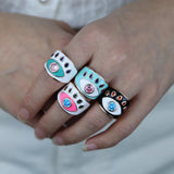 Pink Enamel Evil Eye Women Finger Band Ring Adjustable Size