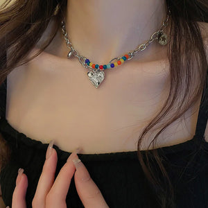 Colorful Love Pendant Double Layer Chain Pearl Necklace for Women Girls