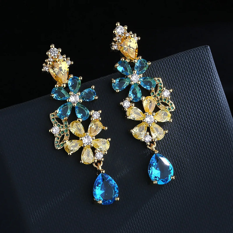 Colorful Flower Eardrop Statement Stud Earring Crystal Dangler