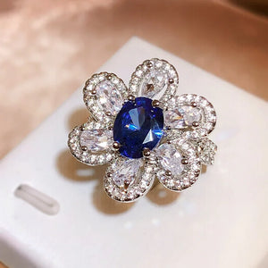 Flash Flower Oval Sapphire Full Diamond Adjustable Couple Ring