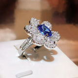Flash Flower Oval Sapphire Full Diamond Adjustable Couple Ring