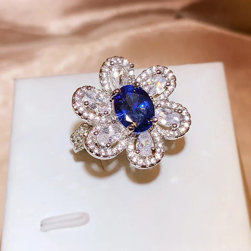 Flash Flower Oval Sapphire Full Diamond Adjustable Couple Ring