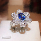 Flash Flower Oval Sapphire Full Diamond Adjustable Couple Ring