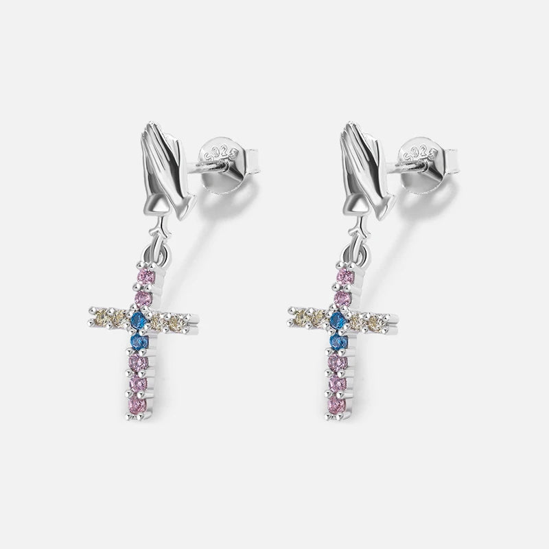 Rainbow Cross Pink Champagne Diamond Stud Earring Sterling S925 Silver