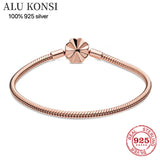 925 Sterling Silver Pan Bracelet Love Heart Snake Chain Charms Bangle