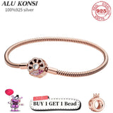 925 Sterling Silver Pan Bracelet Love Heart Snake Chain Charms Bangle