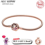 925 Sterling Silver Pan Bracelet Love Heart Snake Chain Charms Bangle