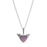 925 Silver Pan Sparkling Heart Necklace Heart & Angel Wings Necklace