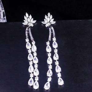 Long Leaf Drop Clip On Ear Non Pierced Earrings CZ Crystal Women Wedding Party