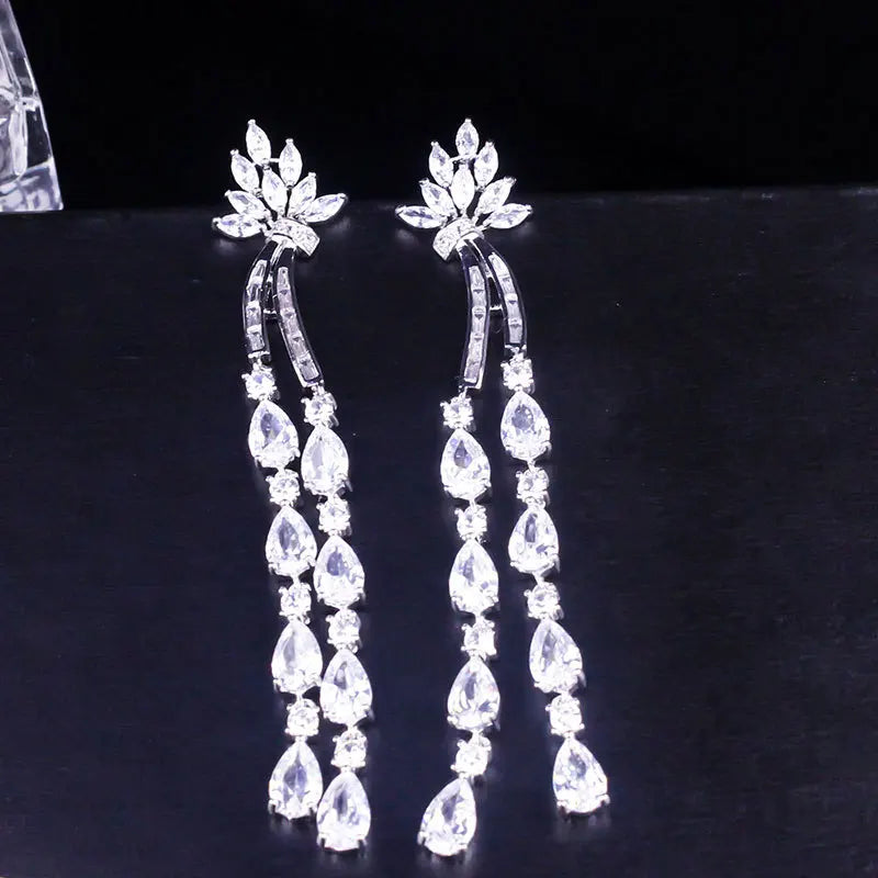 Long Leaf Drop Clip On Ear Non Pierced Earrings CZ Crystal Women Wedding Party