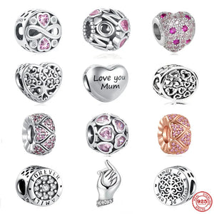 925 Silver Pink Love Pendant Mom Dangle Charm