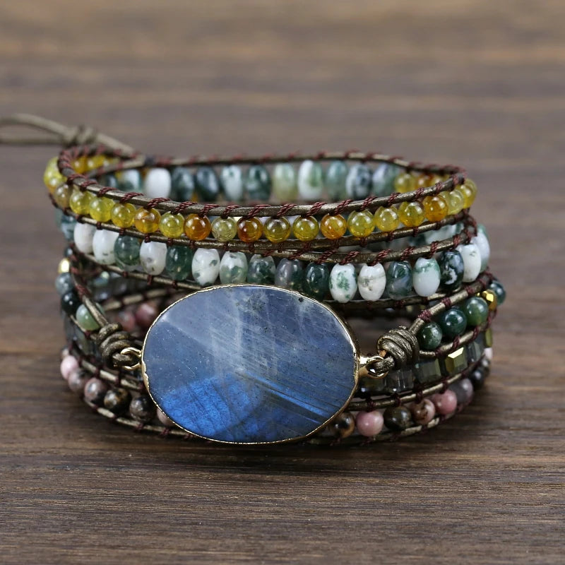 Labradorite Leather Bracelet Mix Stones Beads Women Wrap Bracelet