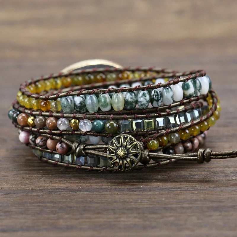 Labradorite Leather Bracelet Mix Stones Beads Women Wrap Bracelet