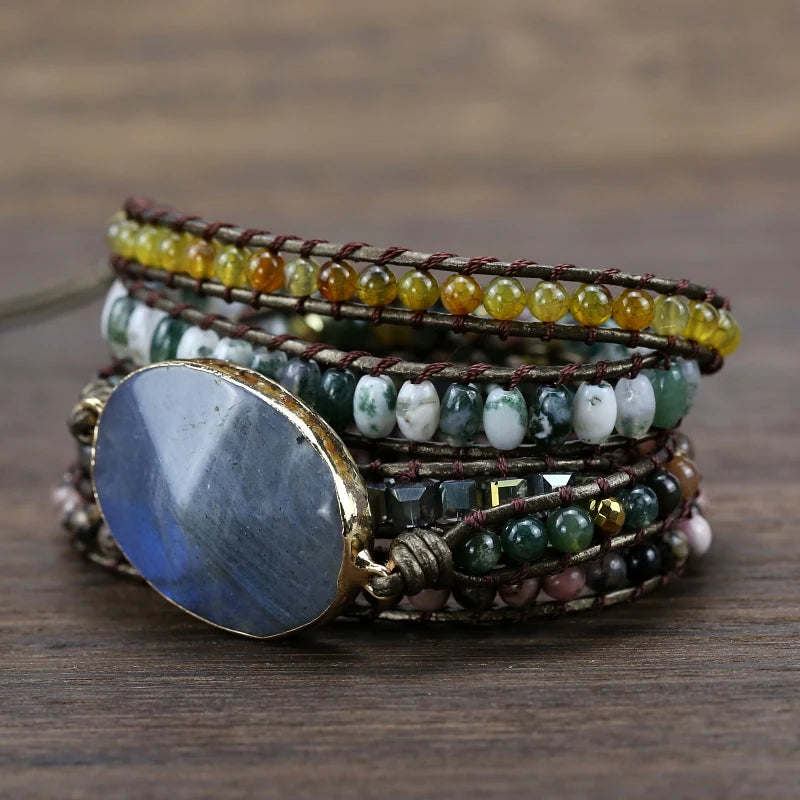 Labradorite Leather Bracelet Mix Stones Beads Women Wrap Bracelet