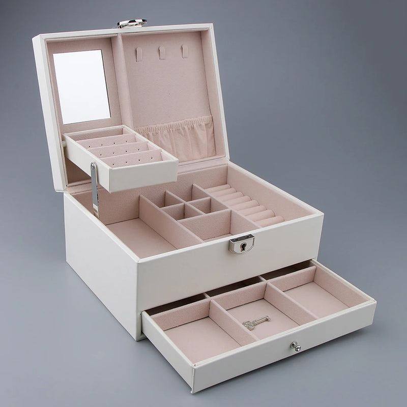 Multilayer Leather Jewelry Box Case Organizer Display Stand with Mirror