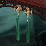 Vintage Ethnic Agate Earrings Chinese Green Aventurne Flowers Jewelry