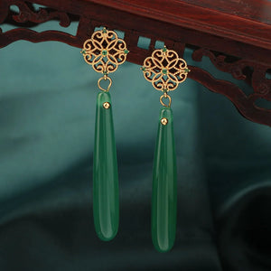 Vintage Ethnic Agate Earrings Chinese Green Aventurne Flowers Jewelry
