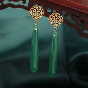 Vintage Ethnic Agate Earrings Chinese Green Aventurne Flowers Jewelry