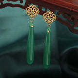Vintage Ethnic Agate Earrings Chinese Green Aventurne Flowers Jewelry