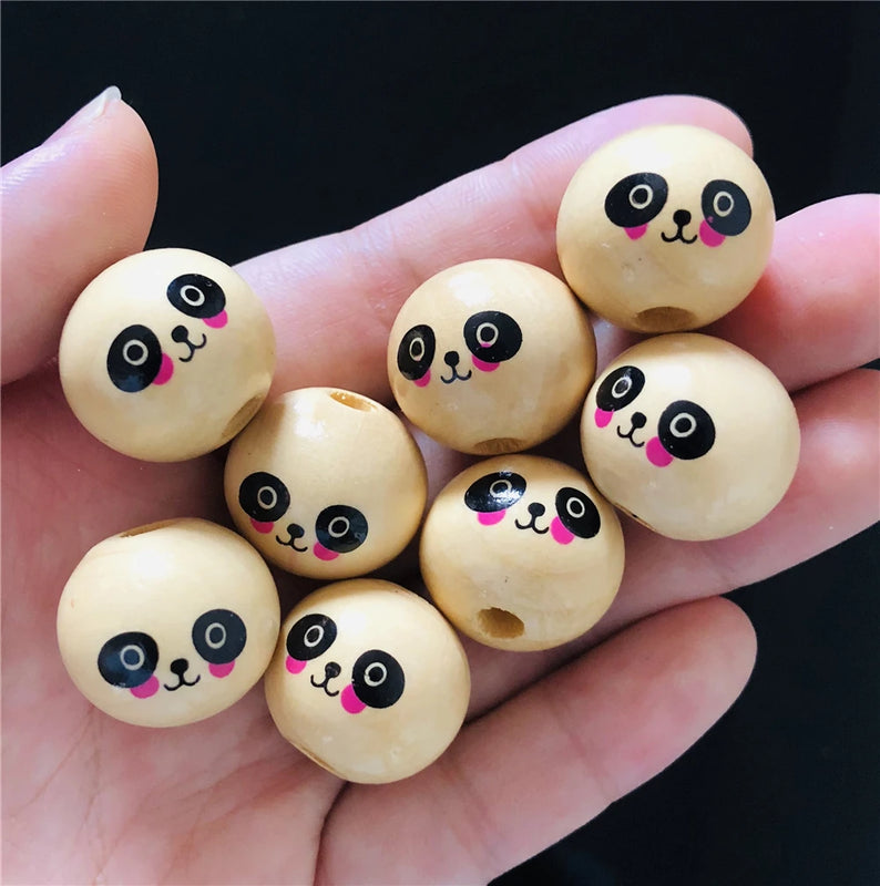 Wood Balls Round Spacer Wooden Beads Cartoon Panda Smiling Face Natural Charms