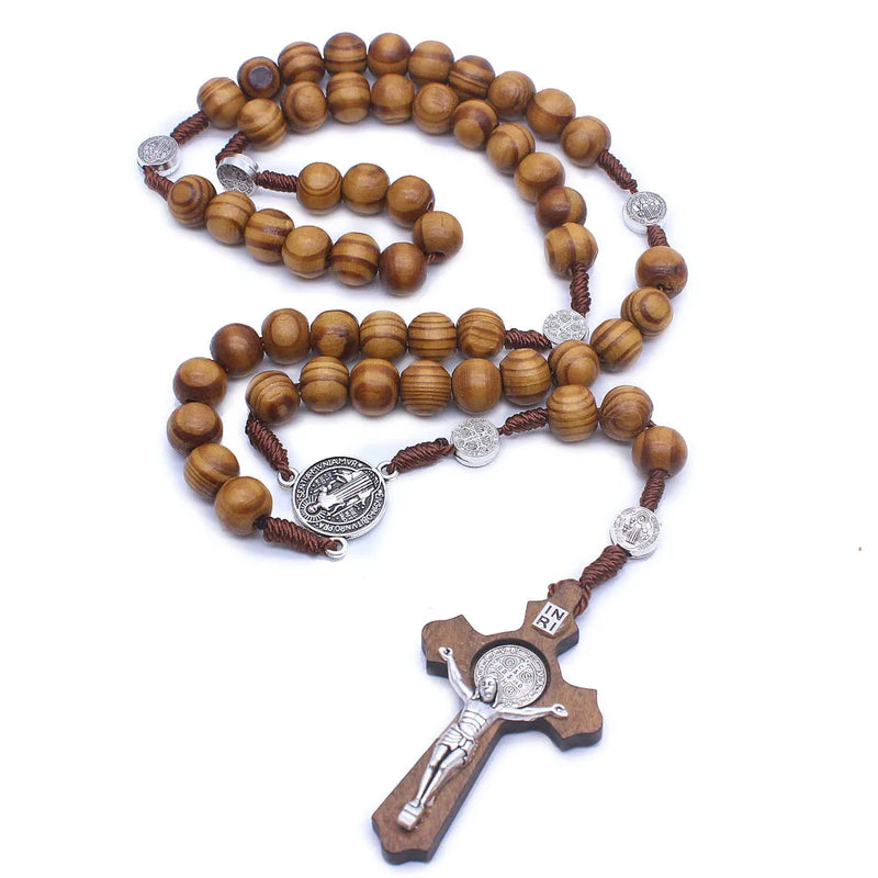 Antique Cross Rosary Pendant Necklace Saint Benedict Beaded Jewelry