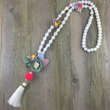 Flower Collar Necklace Chunky Metal Chain Wood Bead Pendant