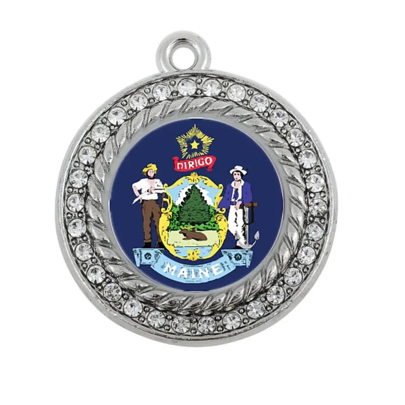 Maine Flag Circle Charm Antique Silver Plated Jewelry