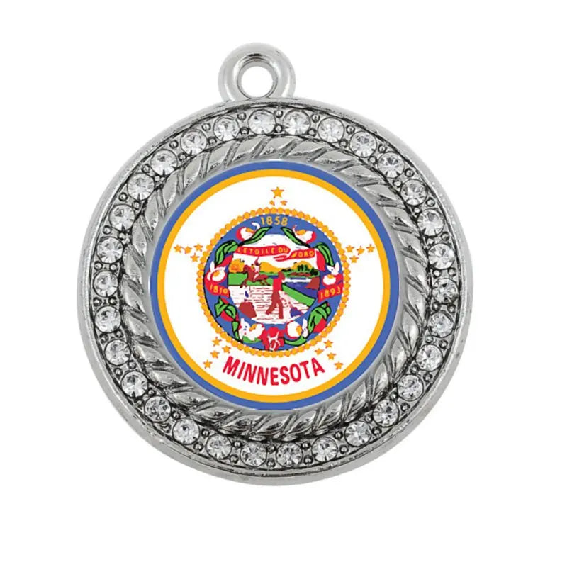 Minnesota Flag Circle Charm Antique Silver Plated Jewelry