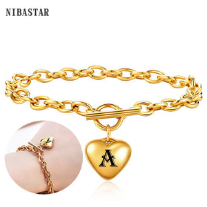 NIBASTAR 26 Letter Heart Bracelet Women Stainless Steel Alphabet Jewelry