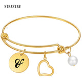 NIBASTAR 26 Letter Bracelet Stainless Steel Expandable Bangle for Women