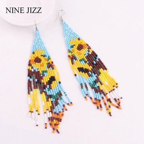 Boho Geometric Tassel Earrings Colorful Beads Drop Jewelry