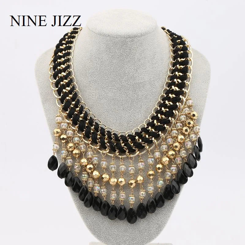 NINEJIZZ Tassel Crystal Necklaces Vintage Bohemian Big Statement Beads Necklaces