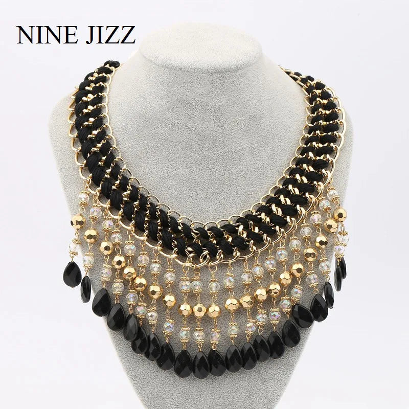 NINEJIZZ Tassel Crystal Necklaces Vintage Bohemian Big Statement Beads Necklaces