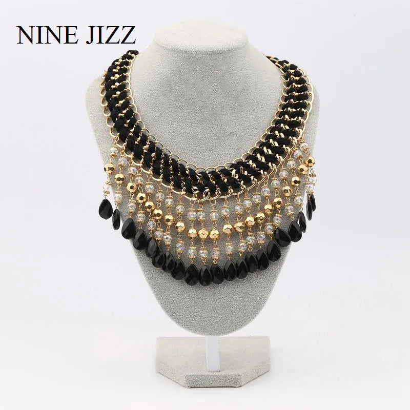 NINEJIZZ Tassel Crystal Necklaces Vintage Bohemian Big Statement Beads Necklaces