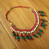 NK151 Nepal Brass Metal Coral Turquoises Charm Necklace