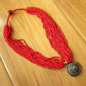 Tibetan Nepal Jewelry Red Coral Beads Brass Pendant Necklace