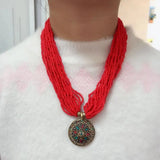 Tibetan Nepal Jewelry Red Coral Beads Brass Pendant Necklace